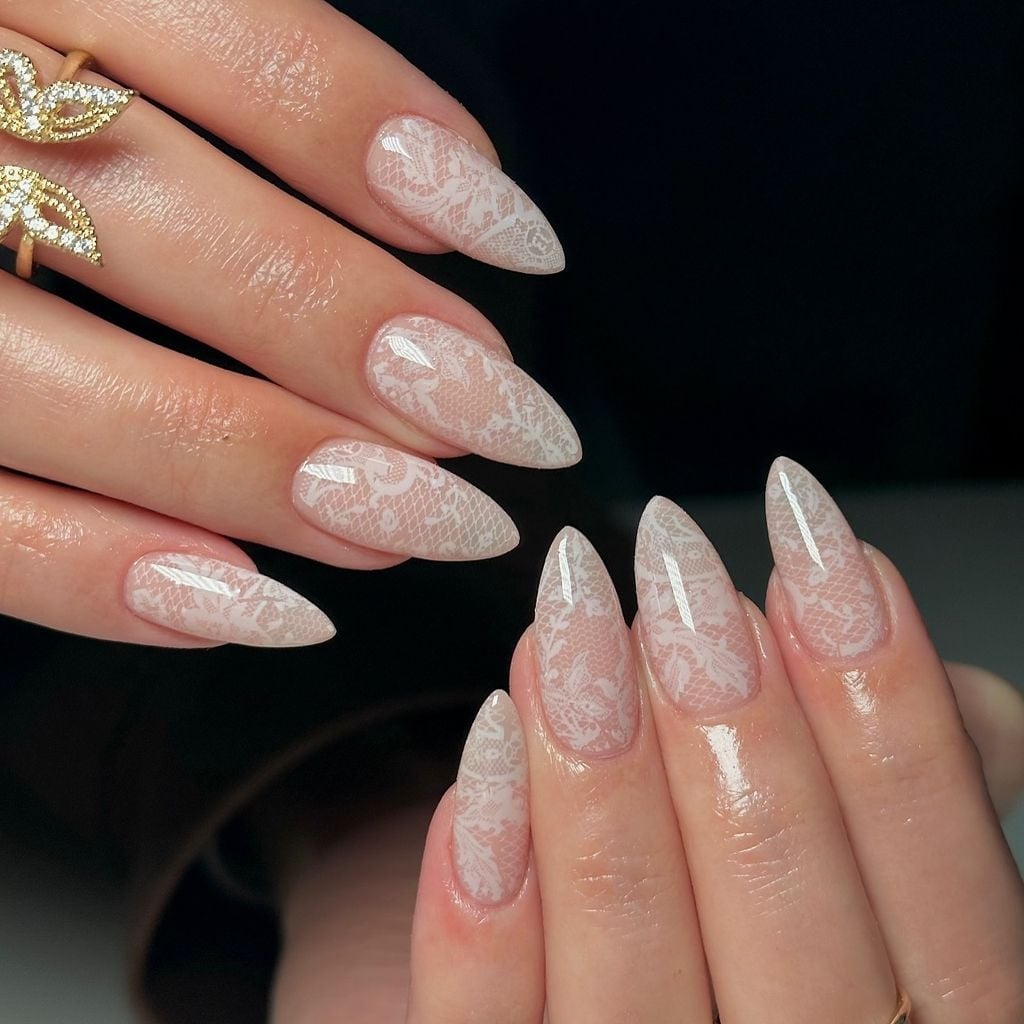 Sheer White Lace Pattern Long Stiletto Nails — Bridal Nails