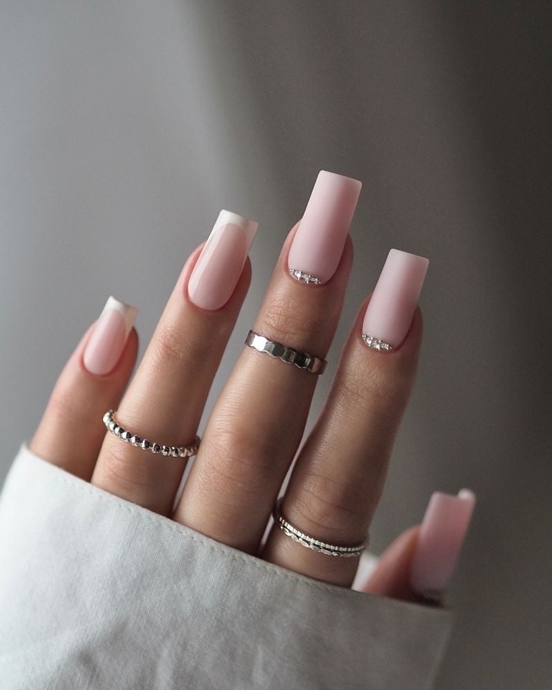 Rhinestone Accent Soft Pink White French Square Nails — Bridal Nails