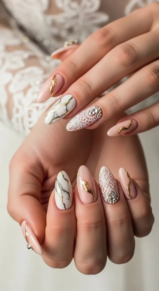 Marble Lace Gold Foil Rhinestone Long Oval Nails — Bridal Nails