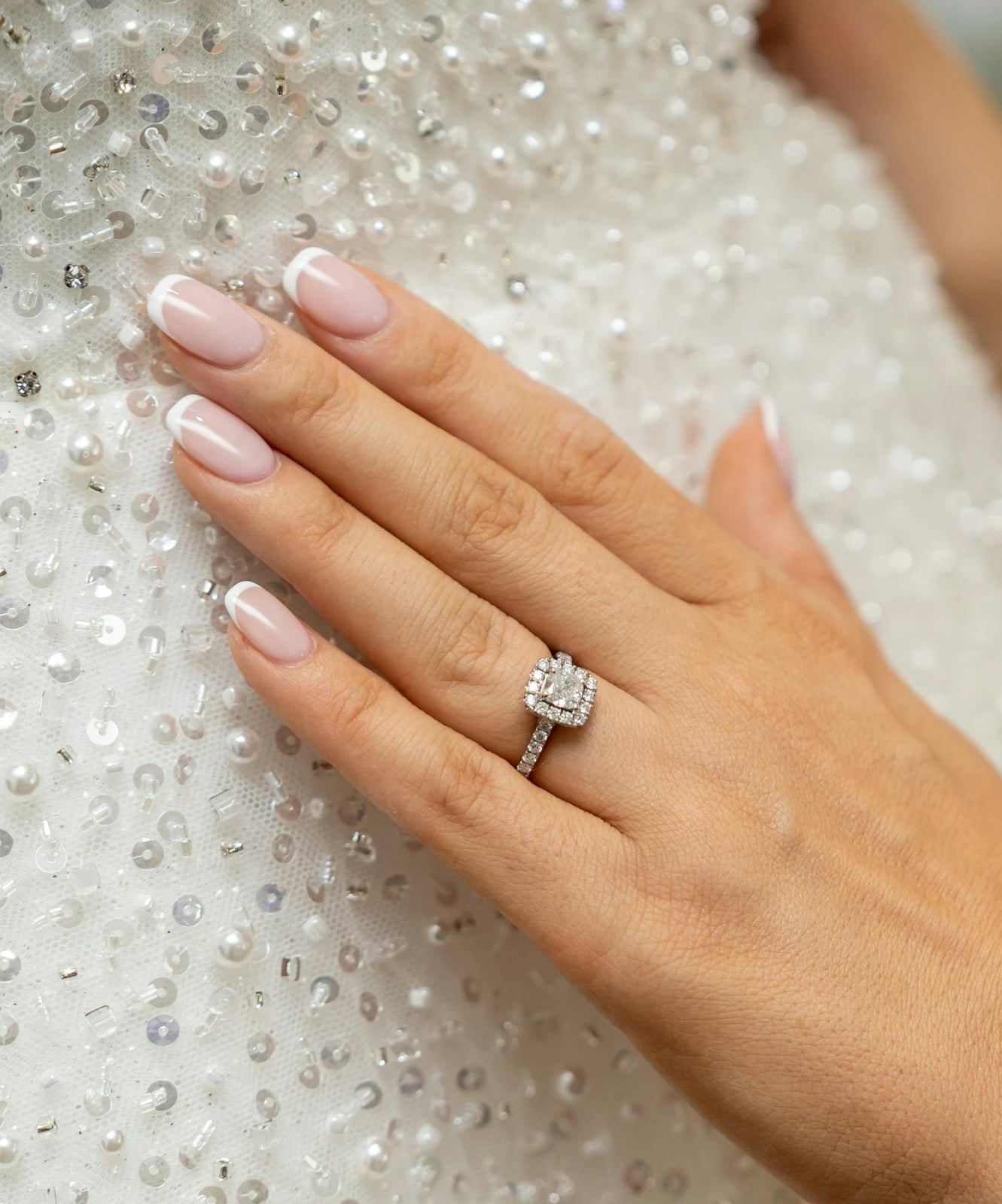 Classic Sheer Nude White French Medium Almond Nails — Bridal Nails