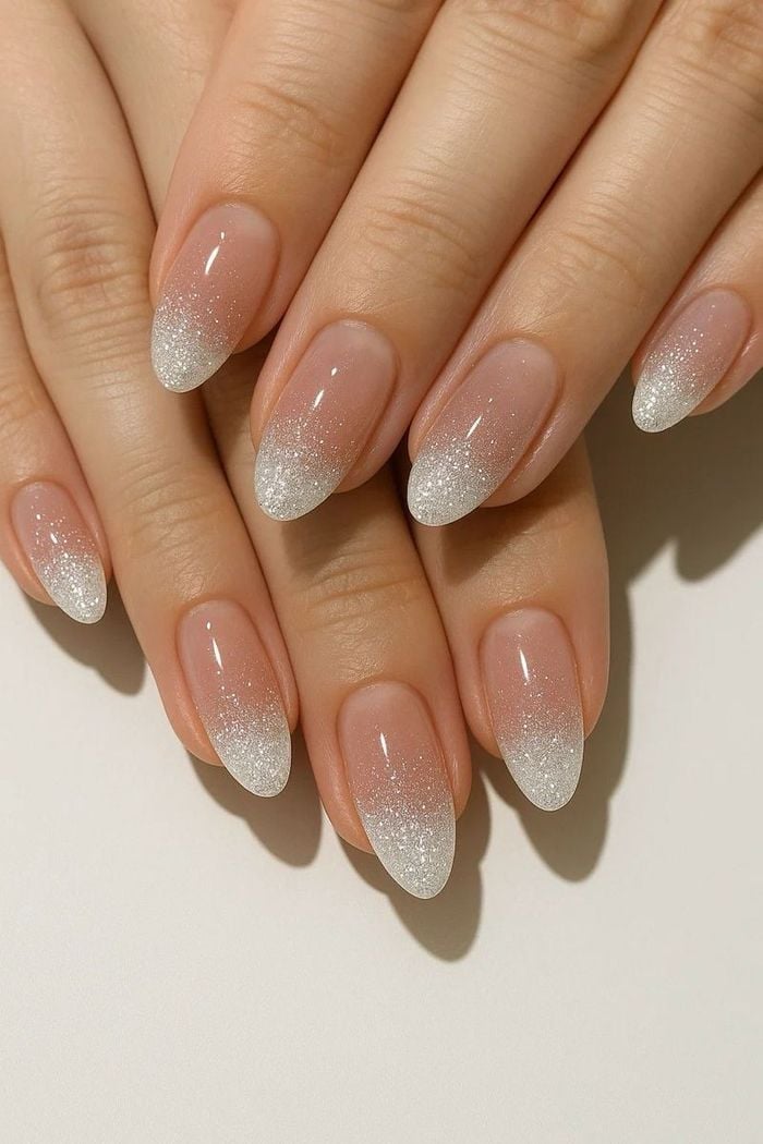 Silver Glitter Ombre Sheer Pink Medium Oval Nails — Bridal Nails