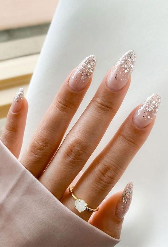Dazzling Silver Glitter Long Almond Nails — Bridal Nails