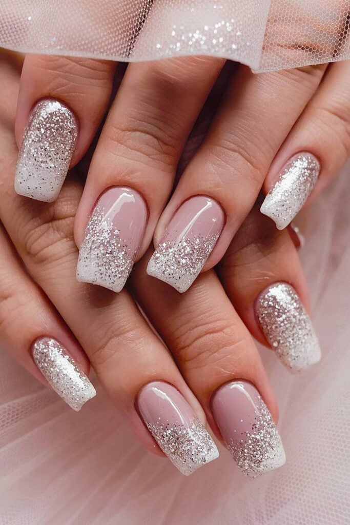 Nude Pink Silver Glitter Gradient Medium Square Nails — Bridal Nails