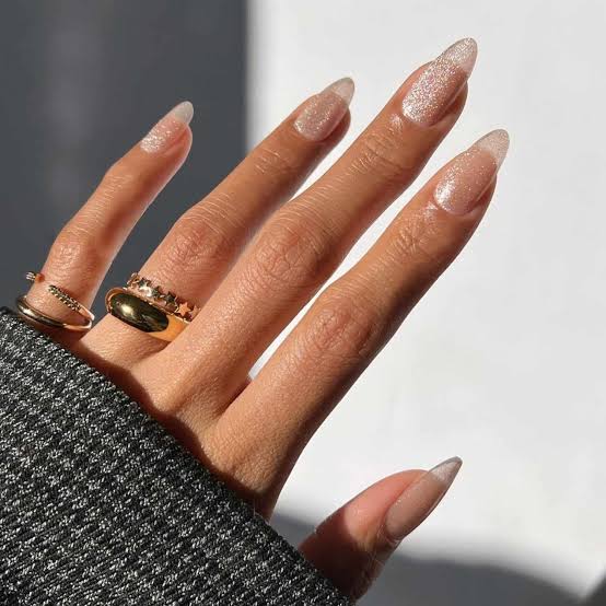 Silver Glitter French Tip Shimmer Medium Almond Nails — Bridal Nails