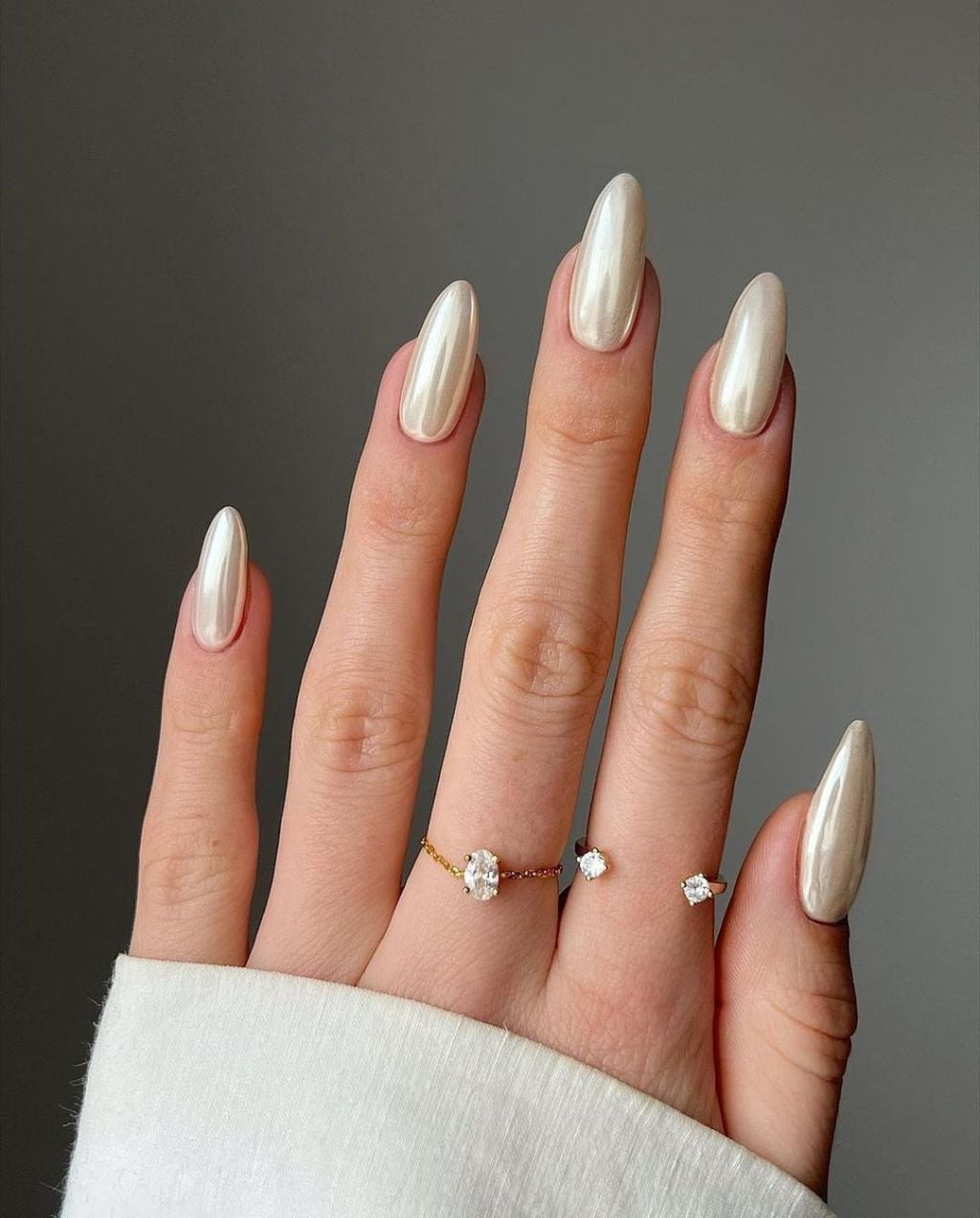 Pearl Chrome Luminous White Long Almond Nails — Bridal Nails