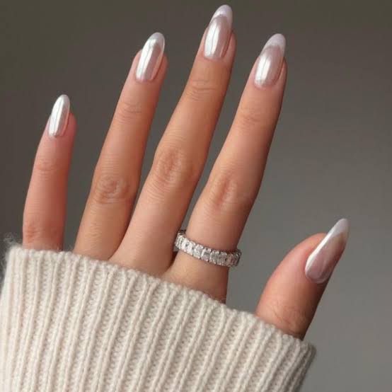 White Chrome Medium Almond Nails — Bridal Nails