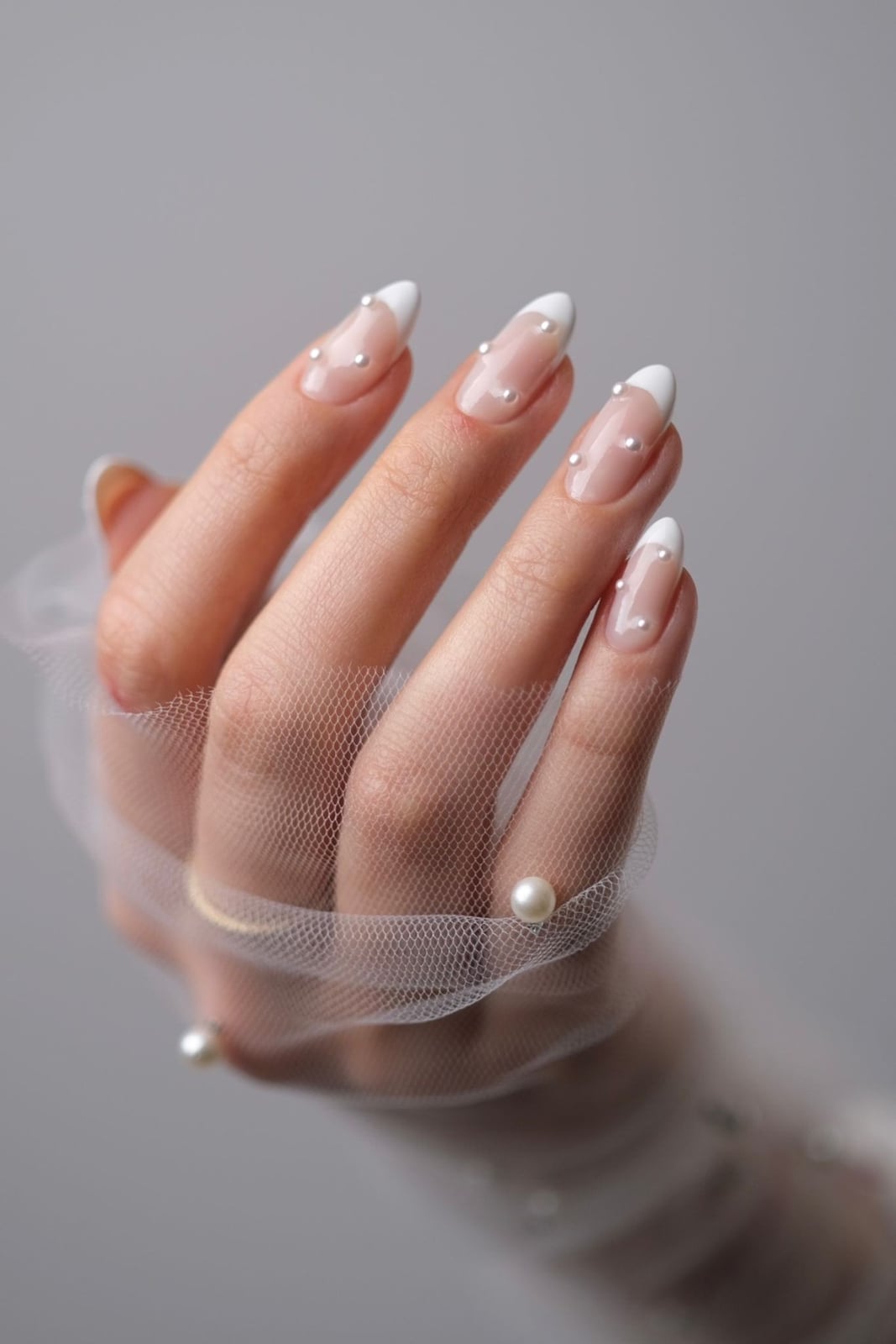 Pearl Accent Sheer Nude French Medium Almond Nails, Glossy — Bridal Nails