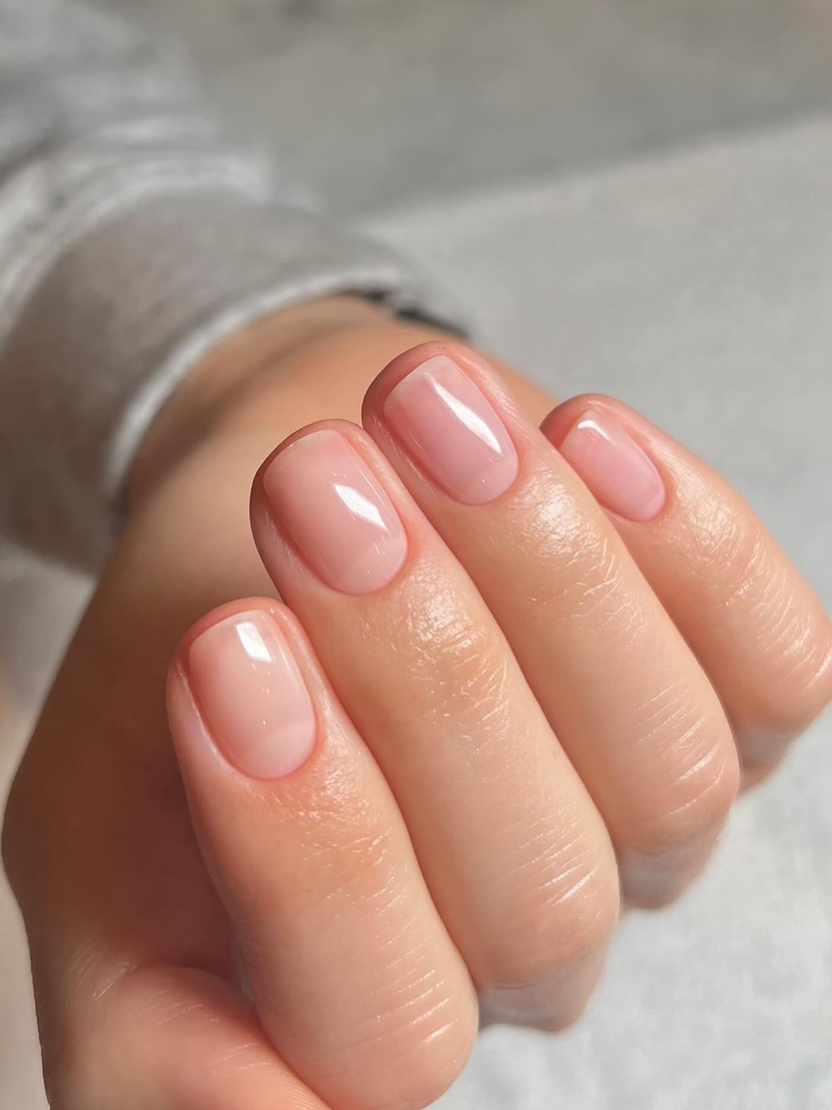 Glossy Sheer Milky Pink Nude Short Soft Square Nails — Bridal Nails
