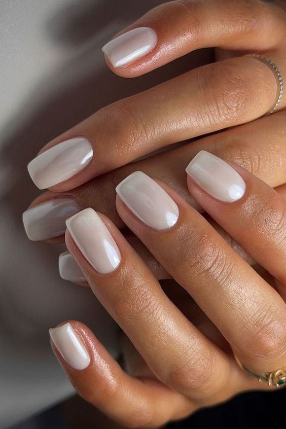 Pearlescent Milky White Glossy Medium Soft Square Nails — Bridal Nails