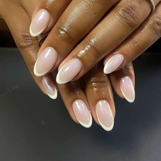 Shimmer Milky Pink White French Short Almond Nails — Bridal Nails
