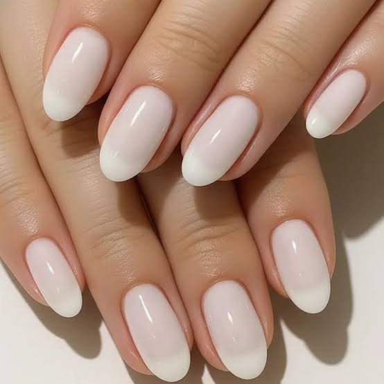 Glossy Milky White Thin French Short Oval Nails — Bridal Nails