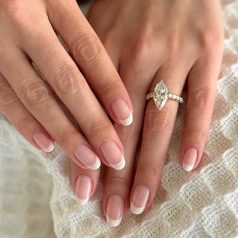 Sheer Nude Pink White French Short Almond Nails, Glossy — Bridal Nails