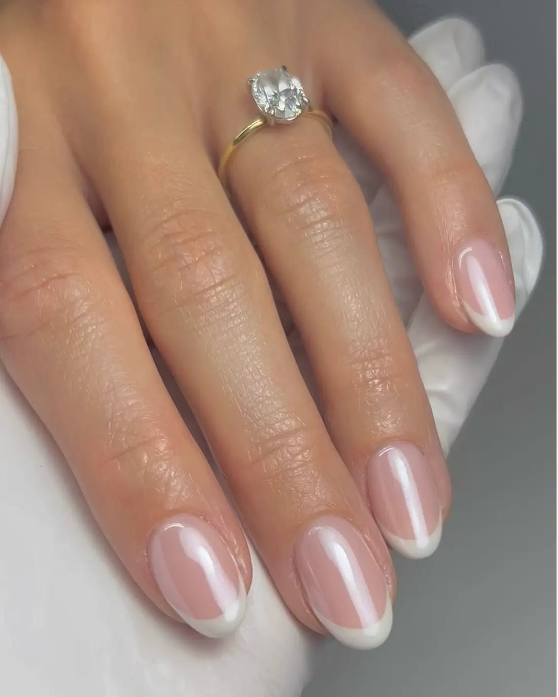 Pearlescent Sheer Pink White French Short Oval Nails — Bridal Nails