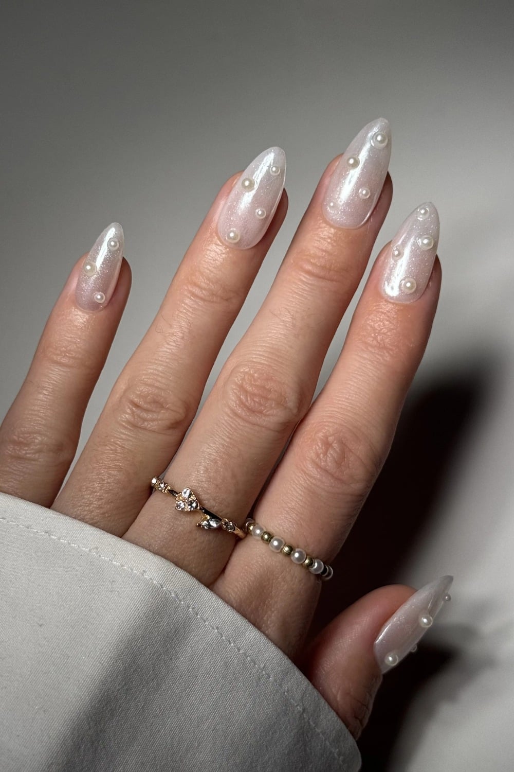 Scattered Pearl Sheer White Shimmer Medium Almond Nails — Bridal Nails