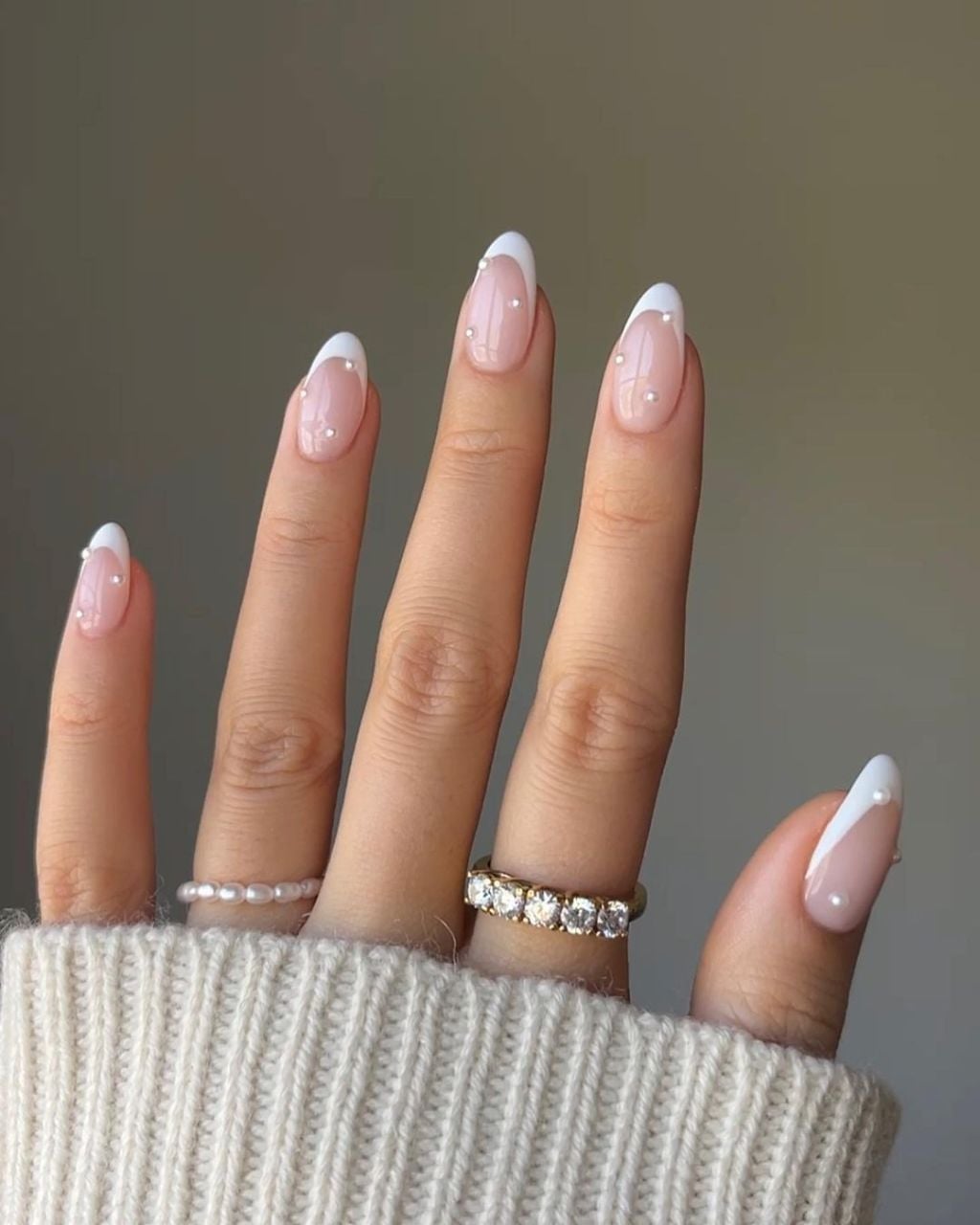 Pearl Accent Sheer Pink Nude Long Almond Nails — Bridal Nails
