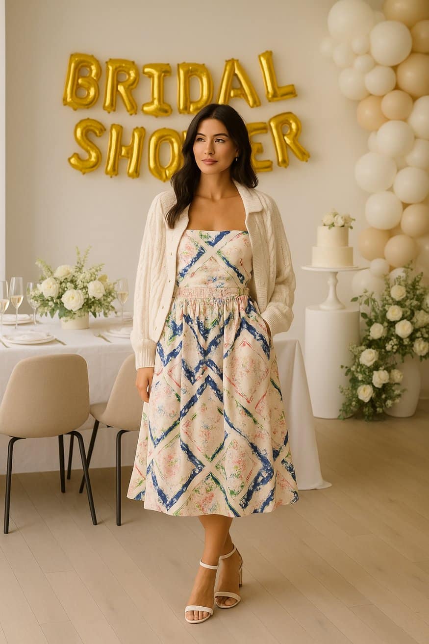 Cream Cardigan Over Pastel Patterned Midi Dress — Bridal Shower Outfits for Guest