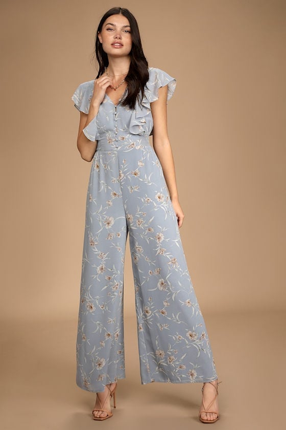 Light Blue Floral Jumpsuit with Wide Legs — Bridal Shower Outfits for Guest