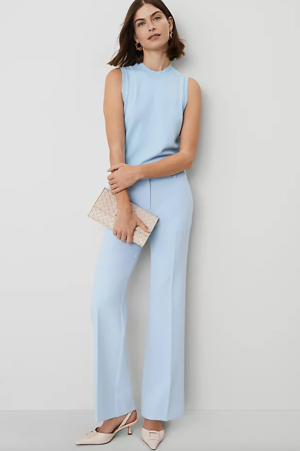 Light Blue Knit Set with Wide-Leg Trousers — Bridal Shower Outfits for Guest