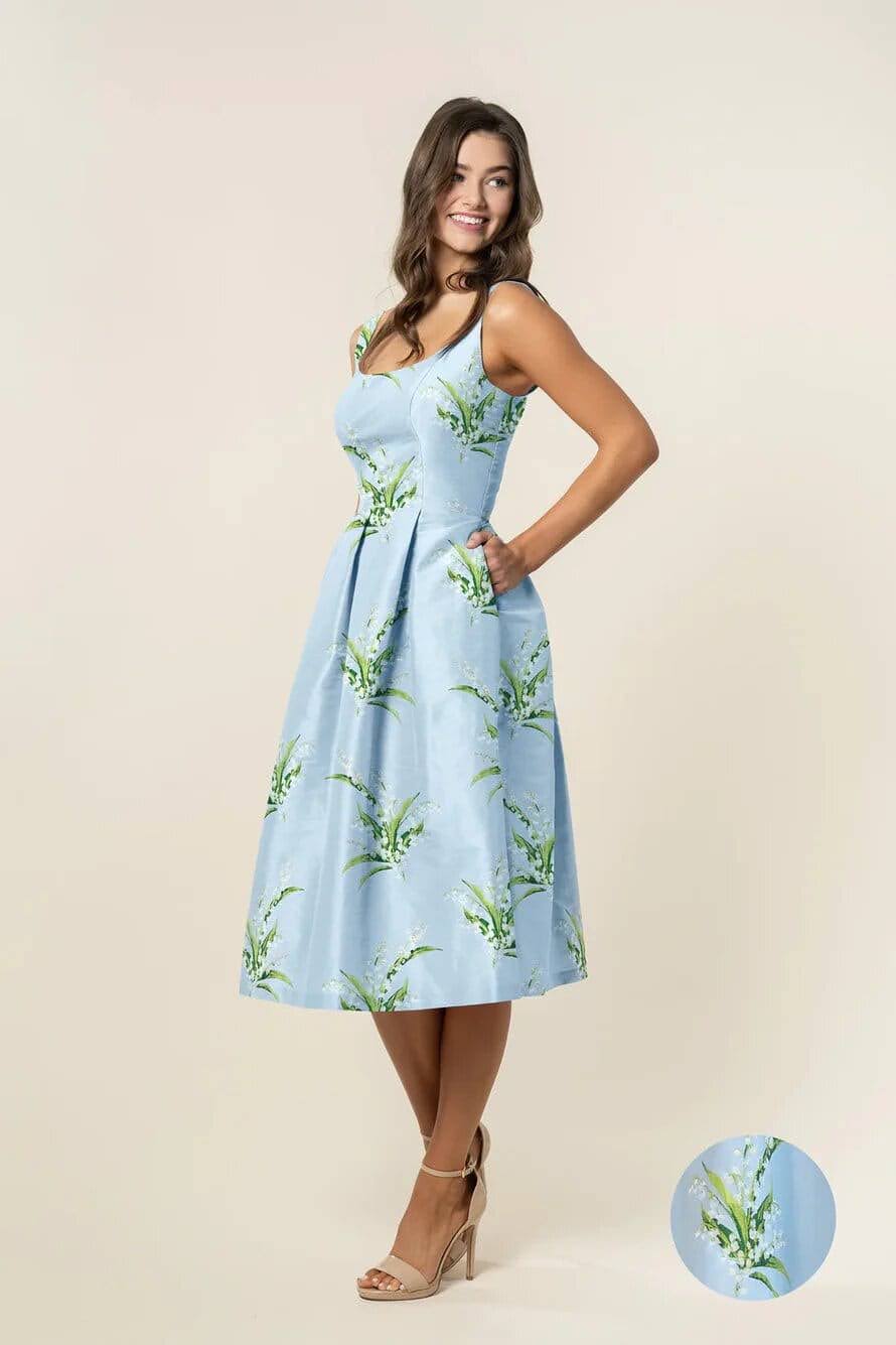 Light Blue Midi Dress with Lily of the Valley Print — Bridal Shower Outfits for Guest