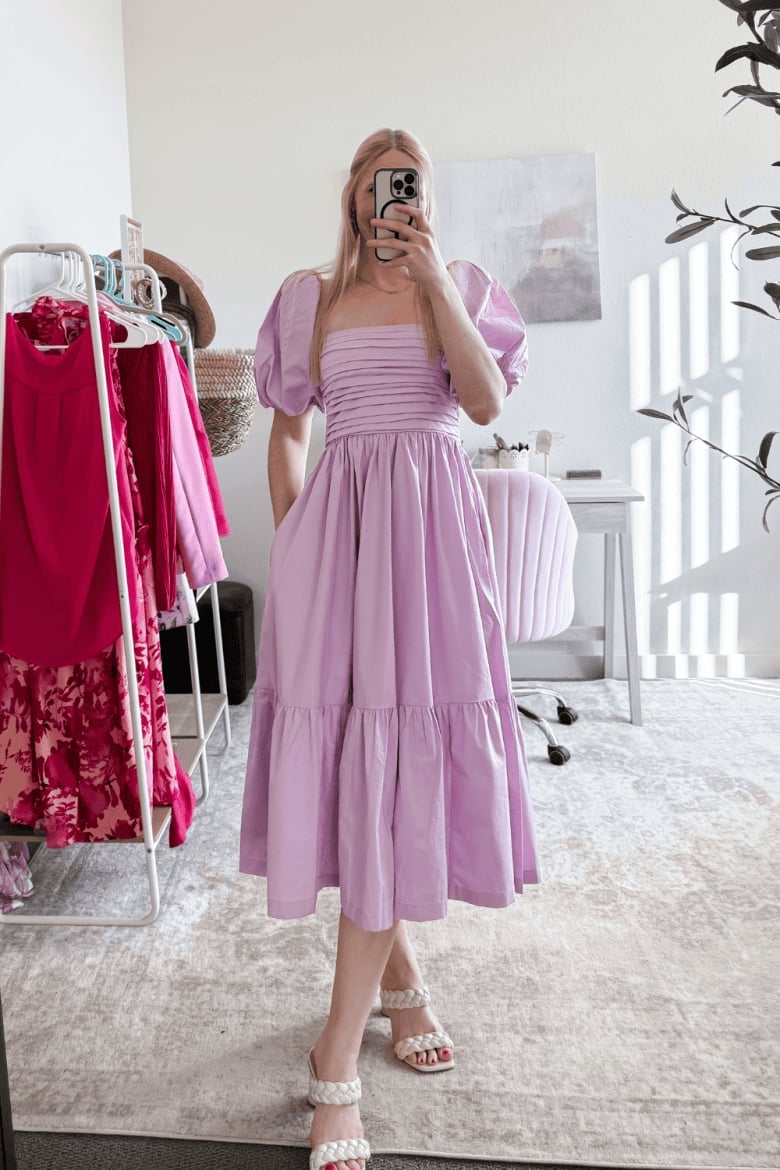 Lilac Midi Dress with Smocked Bodice — Bridal Shower Outfits for Guest