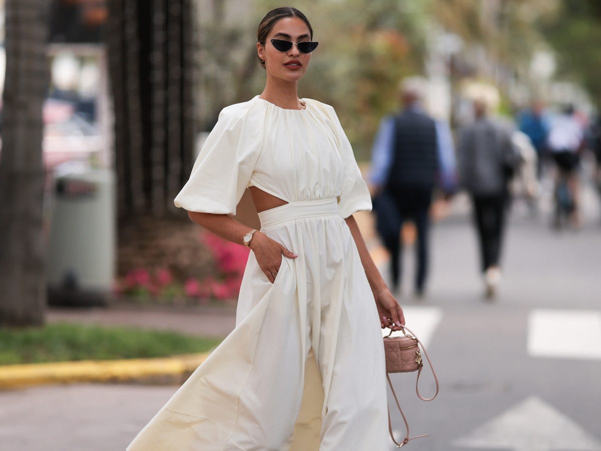 White Maxi Dress with Cutouts and Puff Sleeves — Bridal Shower Outfits for Guest
