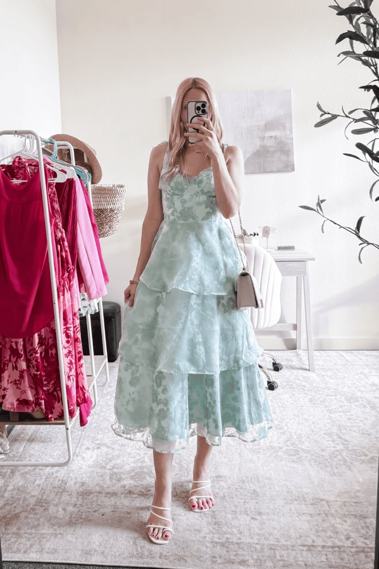 Mint Green Tiered Floral Dress — Bridal Shower Outfits for Guest