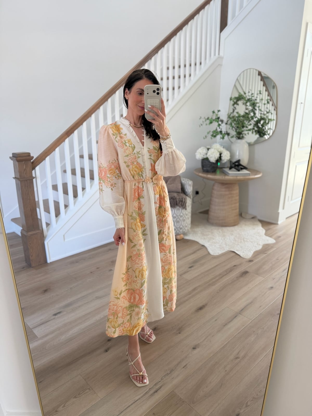 White Floral Midi Dress with Sheer Sleeves — Bridal Shower Outfits for Guest