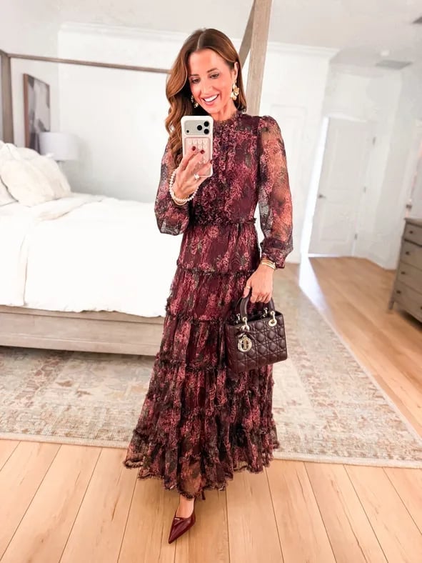 Burgundy Tiered Ruffled Floral Dress — Bridal Shower Outfits for Guest