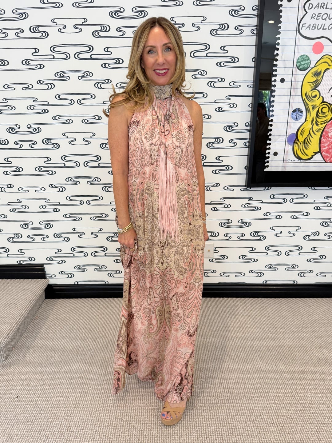 Pink and Beige Paisley Maxi Dress — Bridal Shower Outfits for Guest