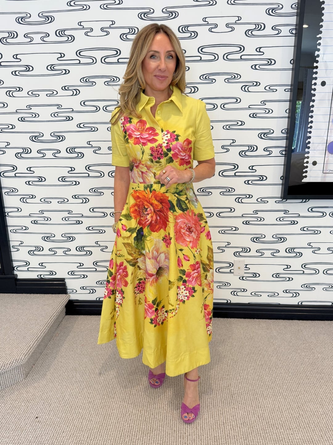 Yellow Floral Midi Dress with Collared Neckline — Bridal Shower Outfits for Guest