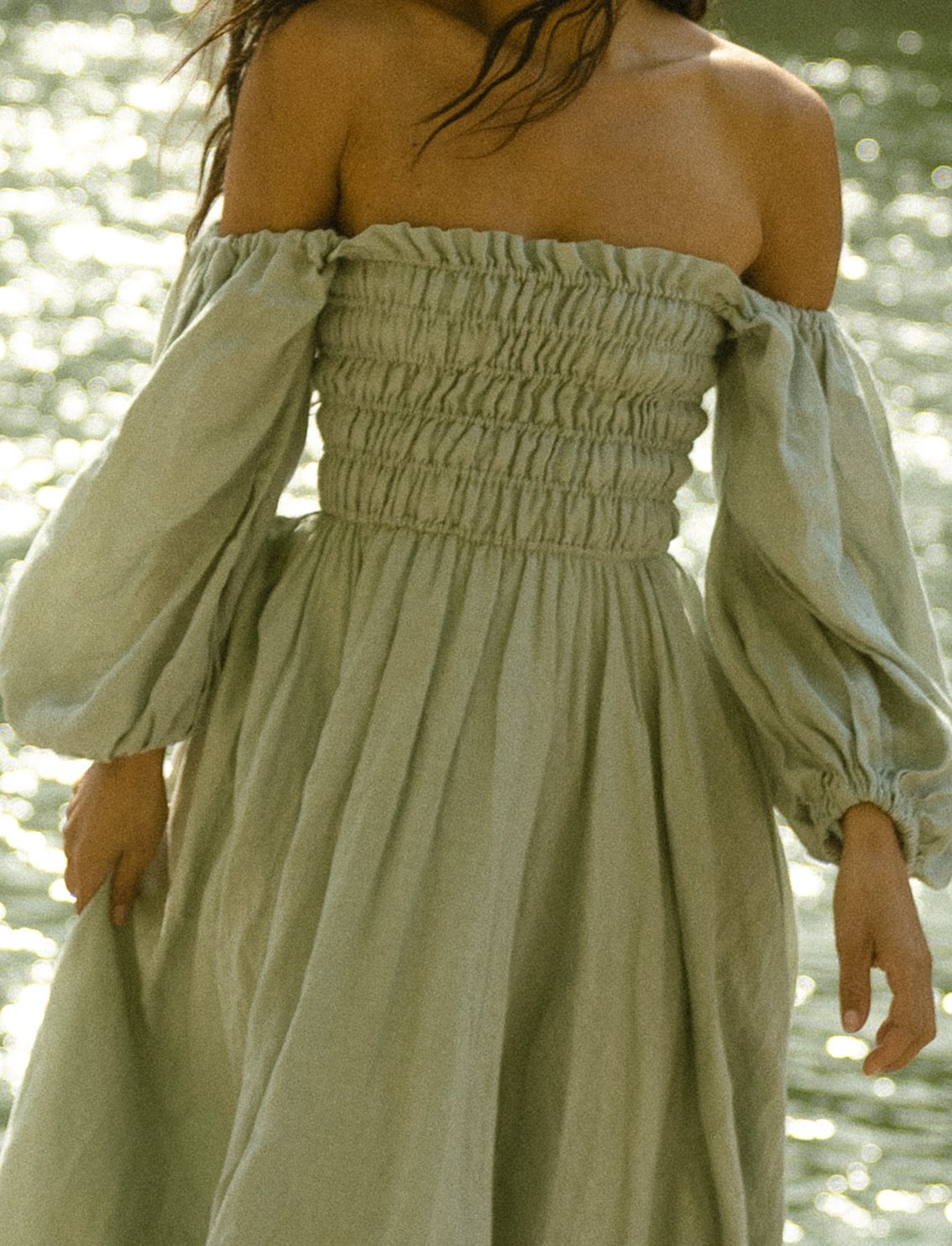 Sage Green Linen Dress with Balloon Sleeves — Bridal Shower Outfits for Guest