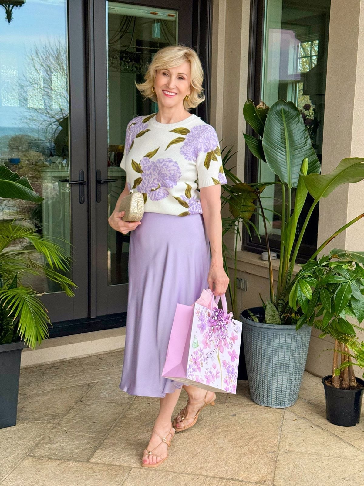 Floral Knit Top with Lavender Satin Skirt — Bridal Shower Outfits for Guest