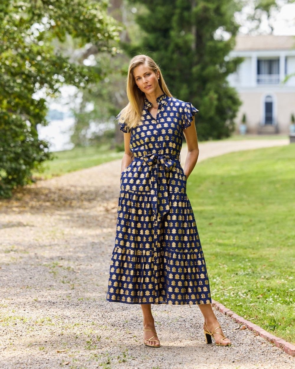 Navy Midi Dress with Gold All-Over Print — Bridal Shower Outfits for Guest