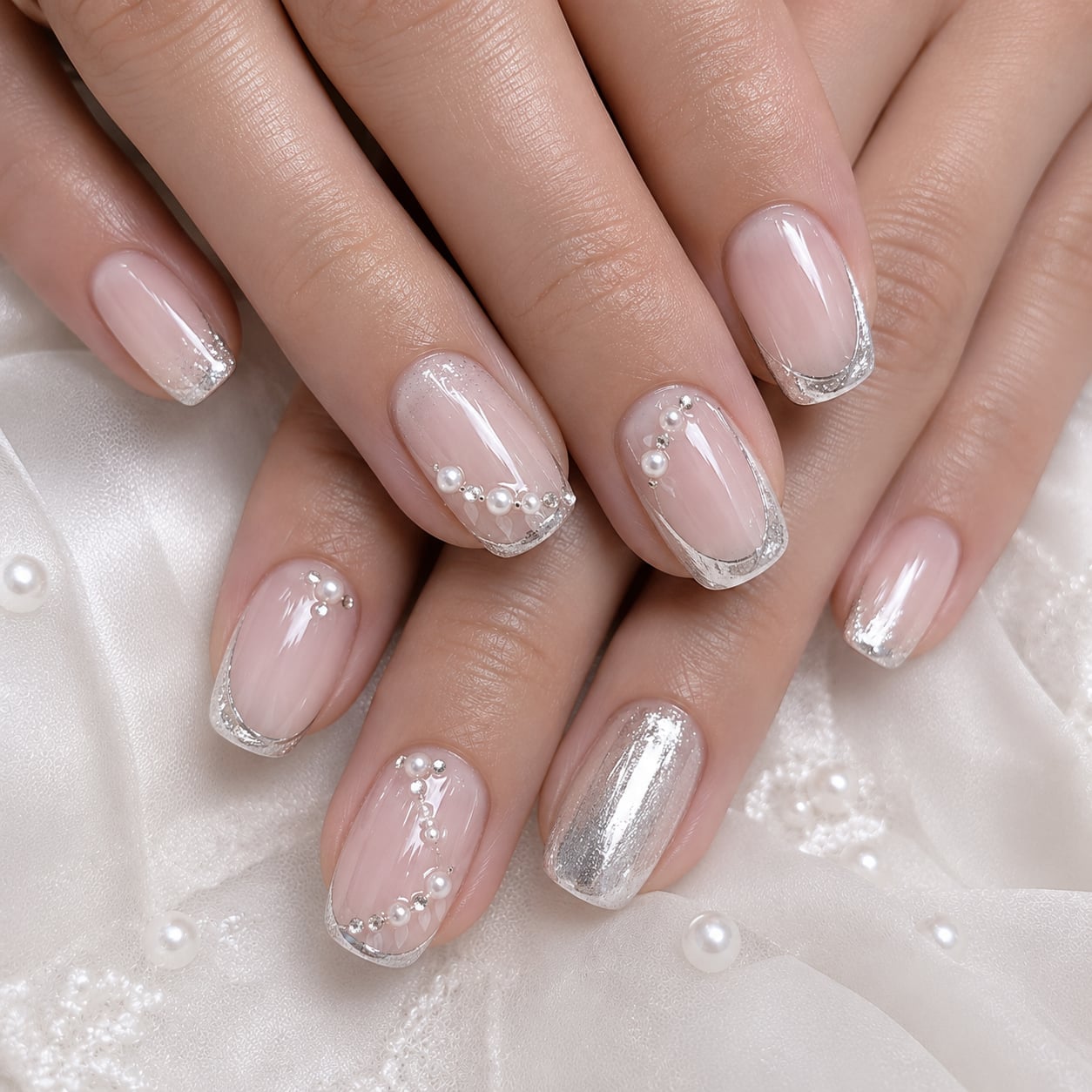 Short Oval Nails With Silver French Tips and Pearls — Bride Nail