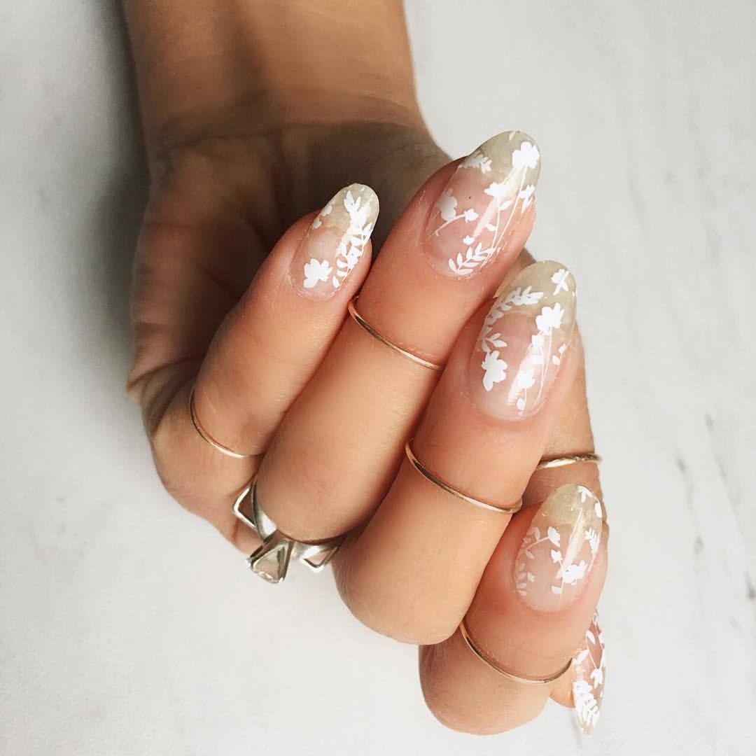 Long Almond Nails With Floral Decals — Bride Nail