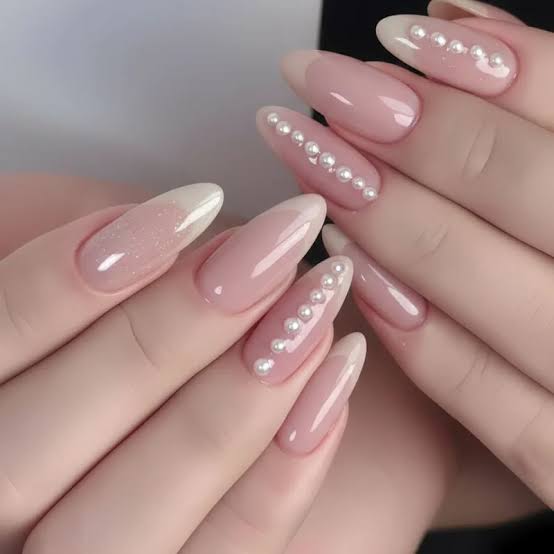 Almond Nails With Pearls Along Cuticle and French Tip, Close-Up Take — Bride Nail