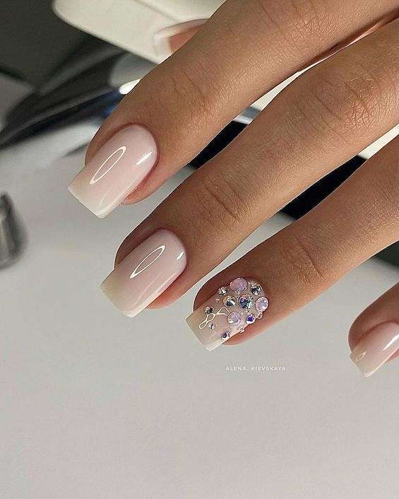 Short Square Ombre Nails With Rhinestone Cluster — Bride Nail