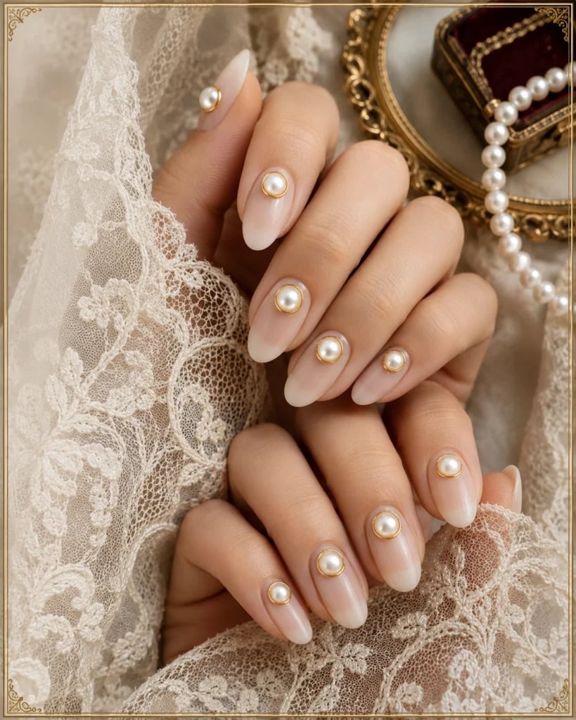 Almond Nails With Pearl and Gold Rim Embellishments — Bride Nail