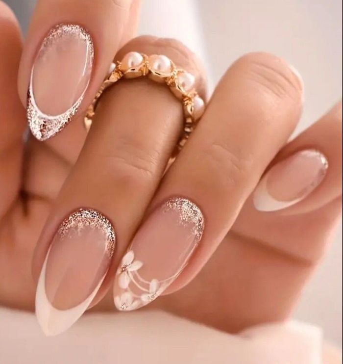 Oval Glitter French Tips With Floral Decals — Bride Nail