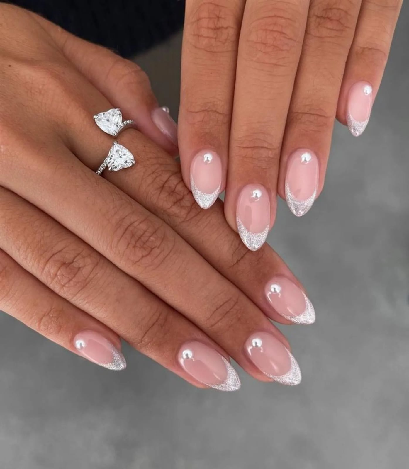 Almond Nails With Silver Glitter French Tips and Pearls, Close-Up Take — Bride Nail