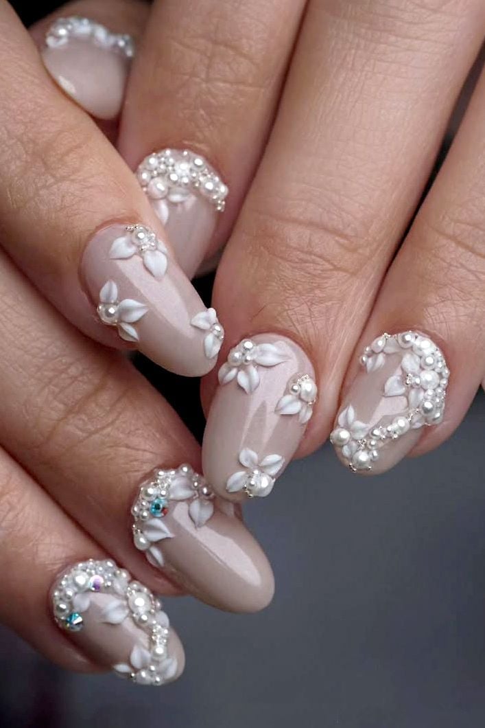 Oval Nails With 3D Floral and Pearl Design — Bride Nail