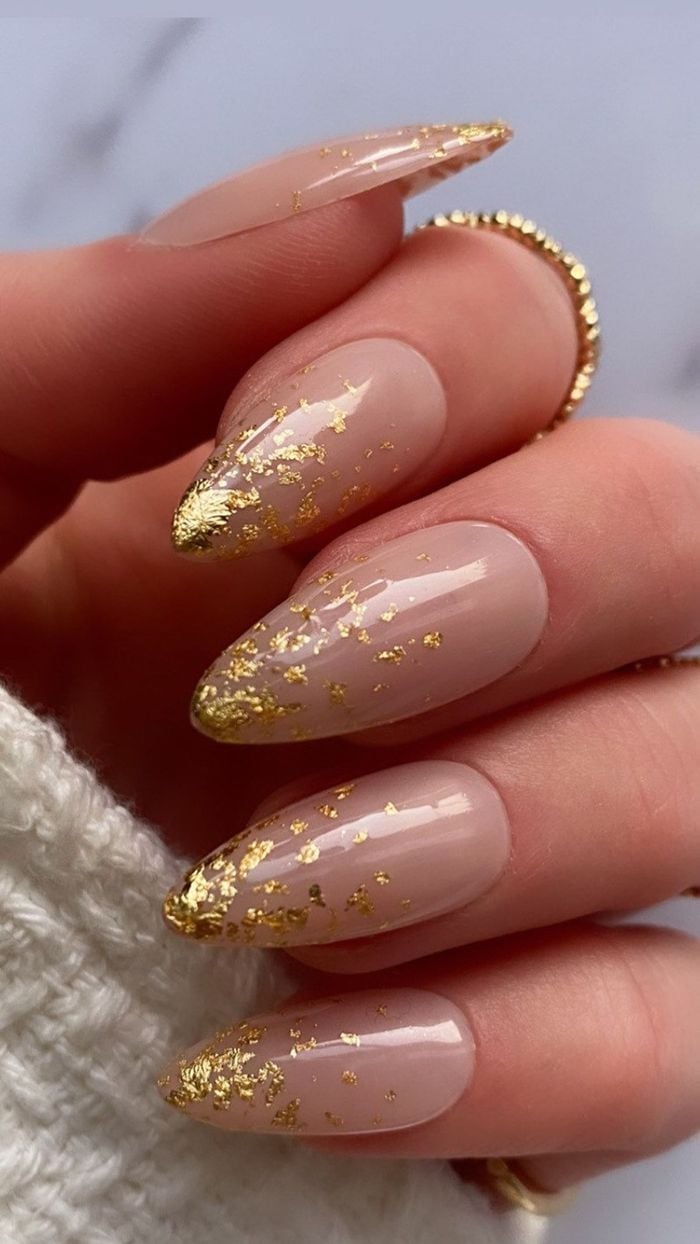 Medium Almond Nails With Gold Foil Flakes — Bride Nail