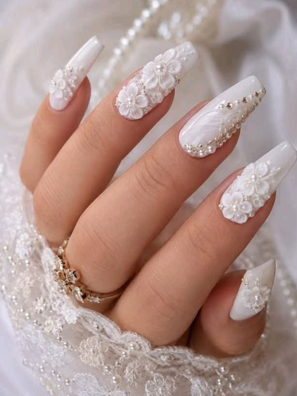 Long Coffin Nails With 3D Floral Appliqués — Bride Nail