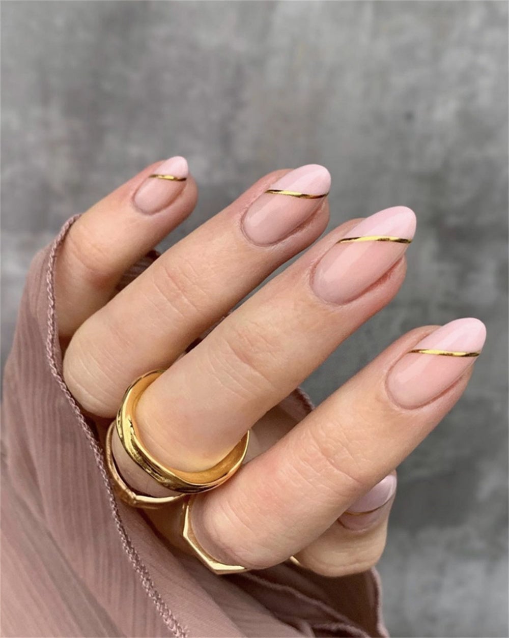 Sheer Pink Almond Nails With Gold Line Art and Excellent Cuticle Work — Bride Nail