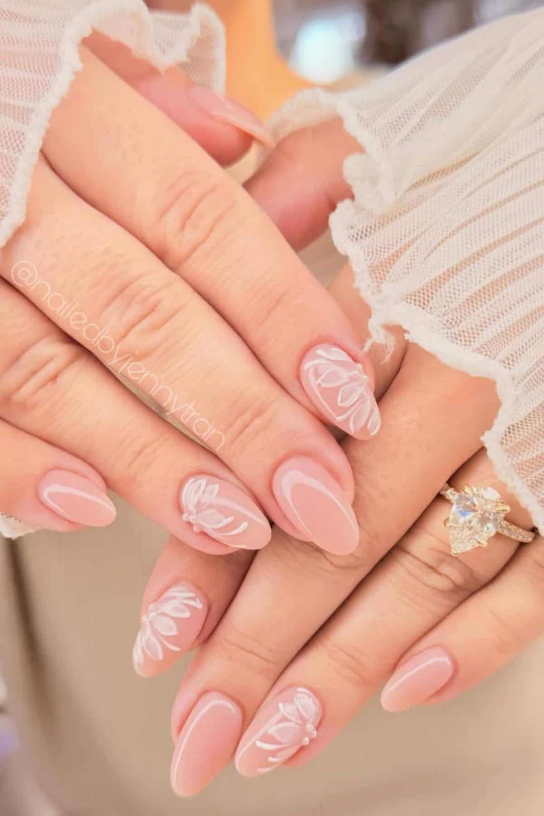 Medium Almond Nails With 3D Floral and Leaf Designs — Bride Nail