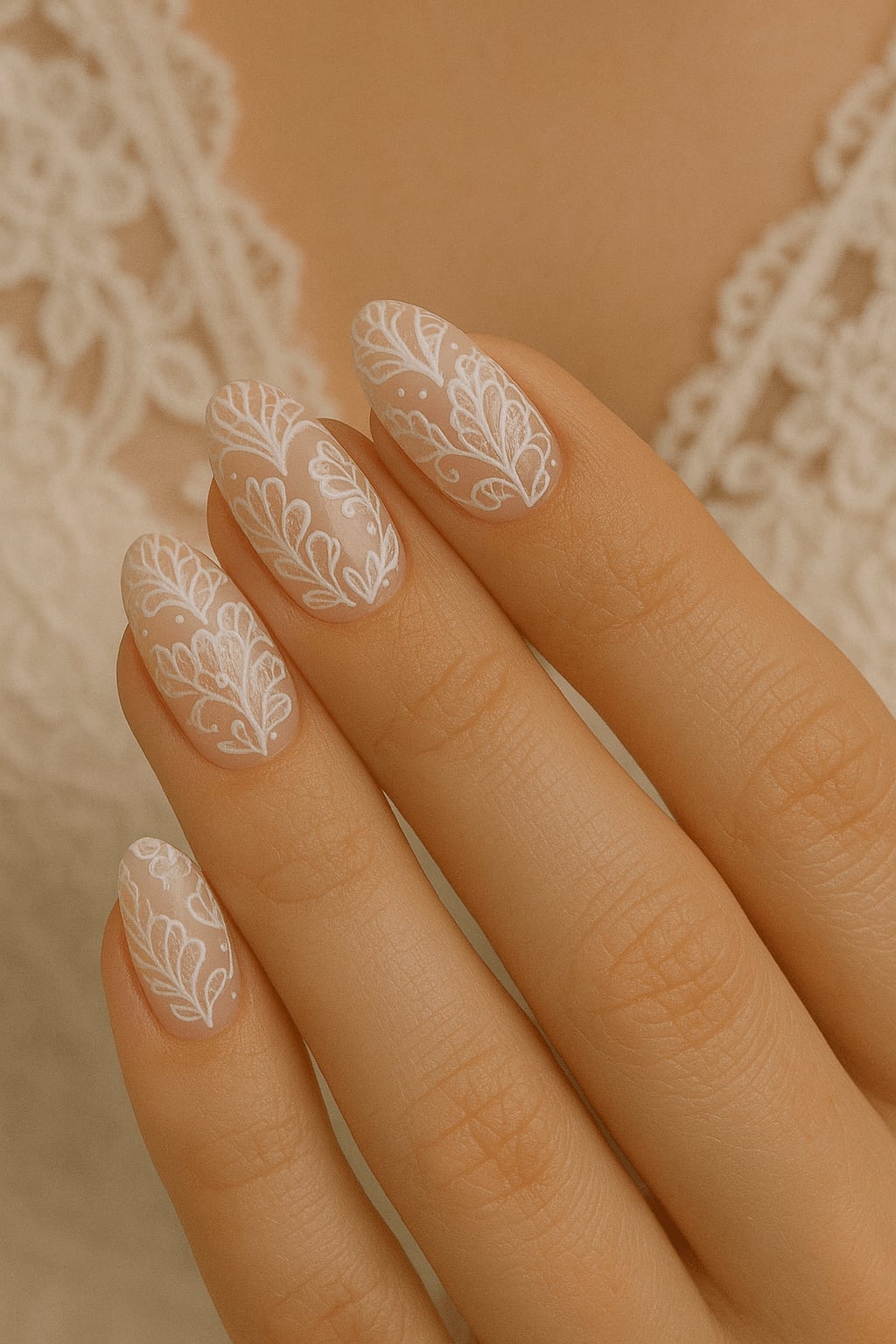 Matte Oval Nails With White Lace Pattern — Bride Nail