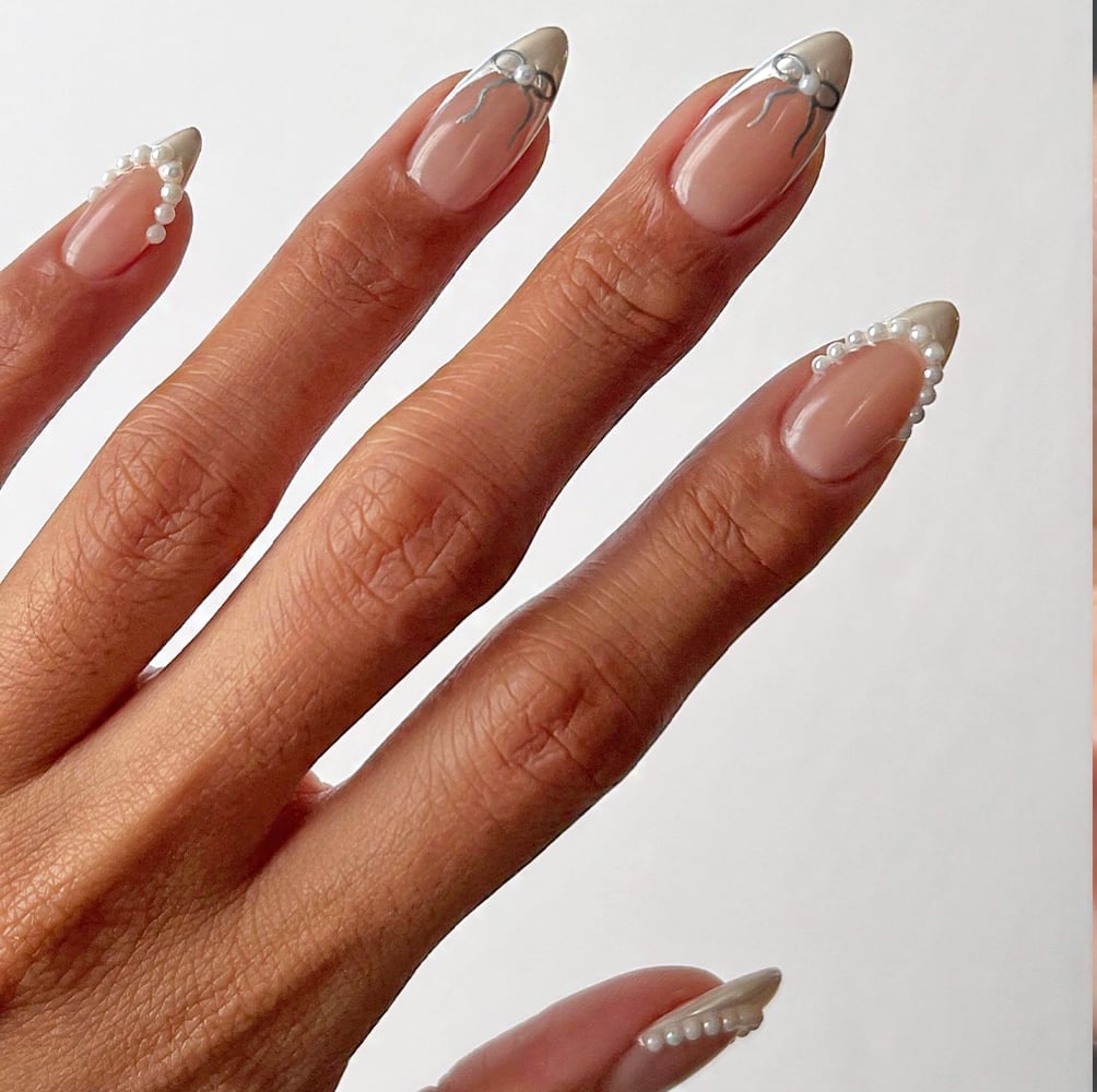 Almond French Tips With Silver Glitter and Pearls and Sheer Pink Base — Bride Nail