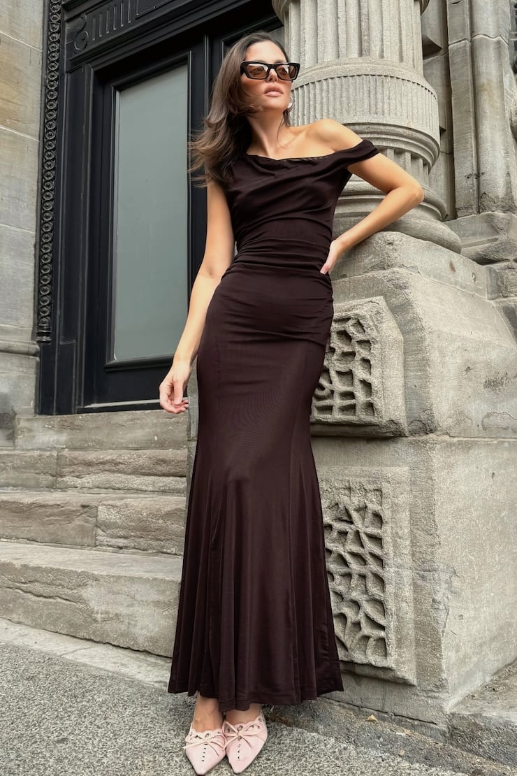 Dark Brown Off-The-Shoulder Jersey Dress Dark Brown Off-The-Shoulder Jersey Dress — Bridesmaid Dress