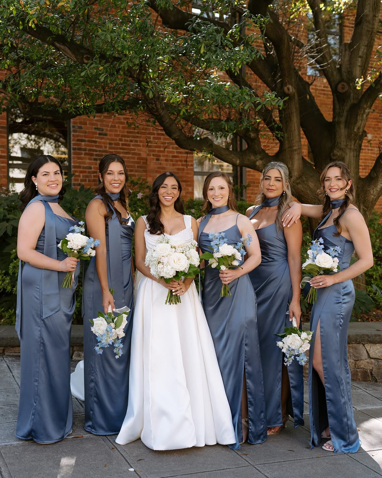 Gray-blue Satin Dresses with Neck Scarves and High Slits Gray-blue Satin Dresses with Neck Scarves and High Slits — Bridesmaid Dress