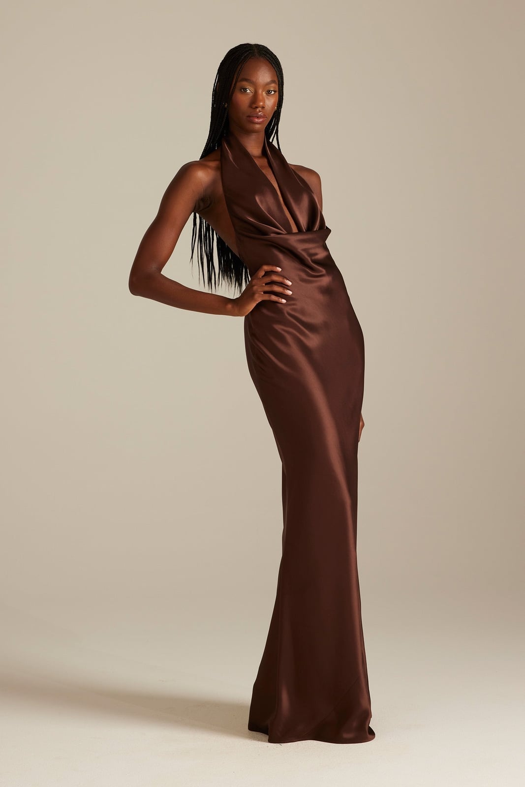 Rich Brown Satin Halter Neck Maxi Dress Rich Brown Satin Halter Neck Maxi Dress — Bridesmaid Dress